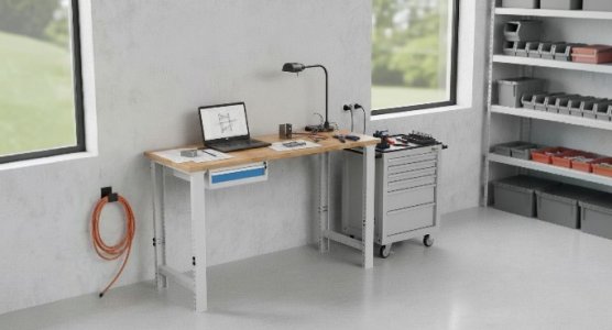 Dílenské výškově stavitelné stoly s bukovou deskou
