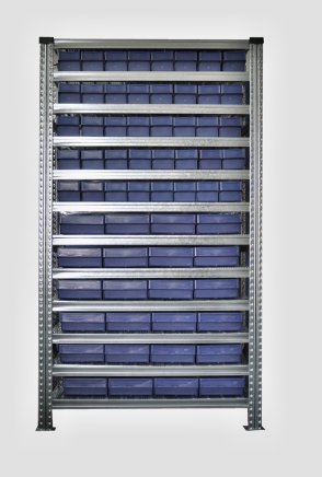 Regál s přepravkami 100 x 230 x 500 mm - 24 ks, 100 x 115 x 500 mm - 40 ks